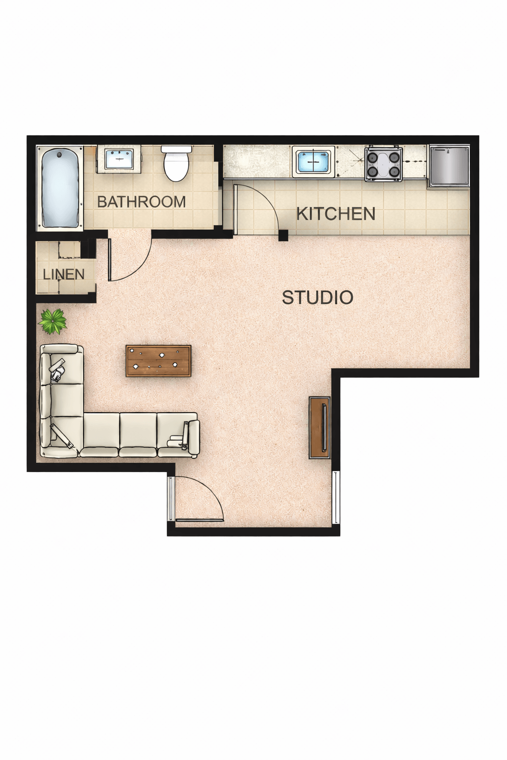 A floor plan of a studio apartment with a kitchen, bathroom, and linen area.